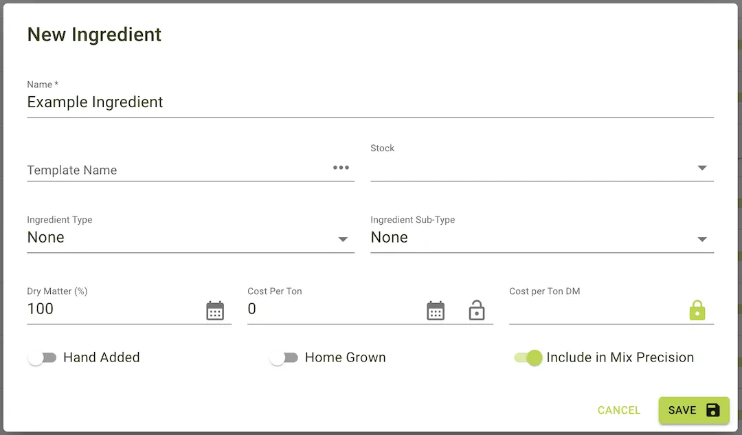 List ingredient
form
