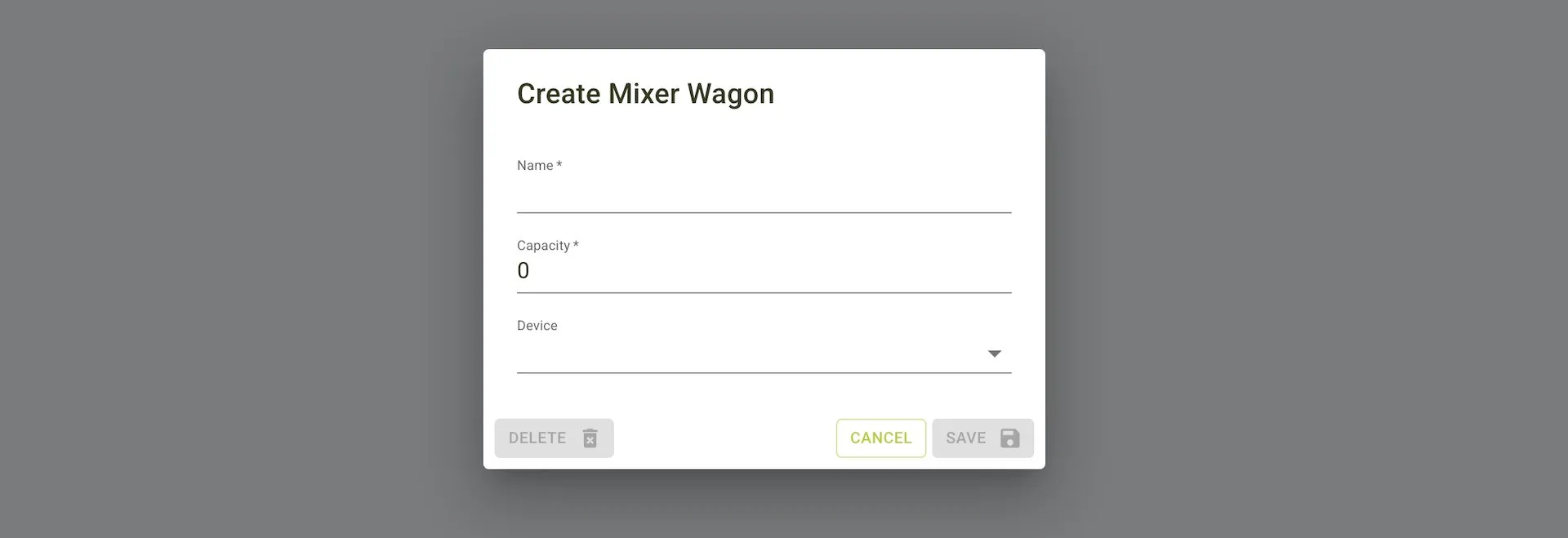 Create Mixer Wagon form