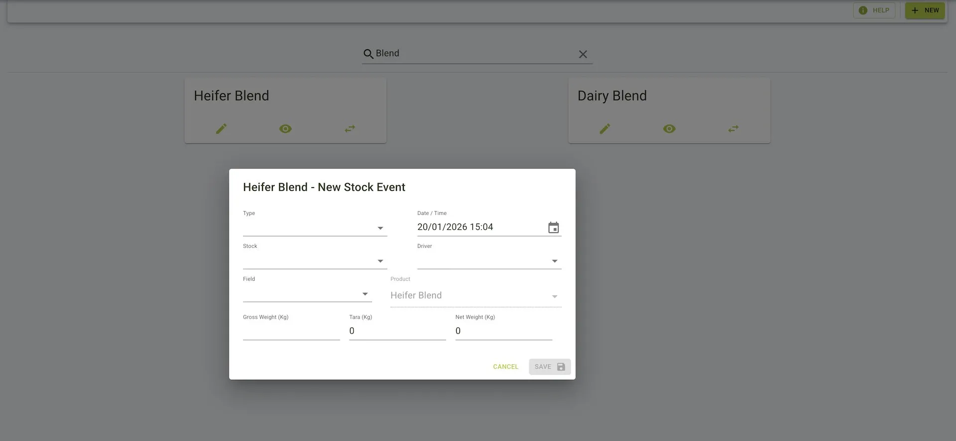 New Stock Event modal pre-filled with product