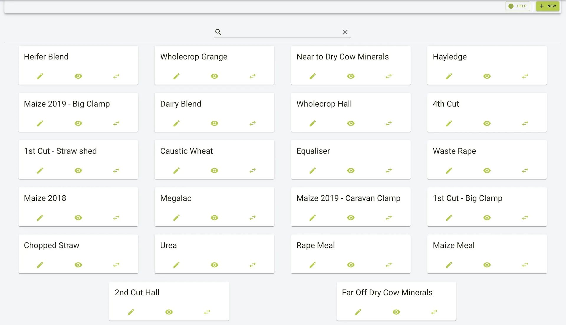 Products grid showing search and quick actions
