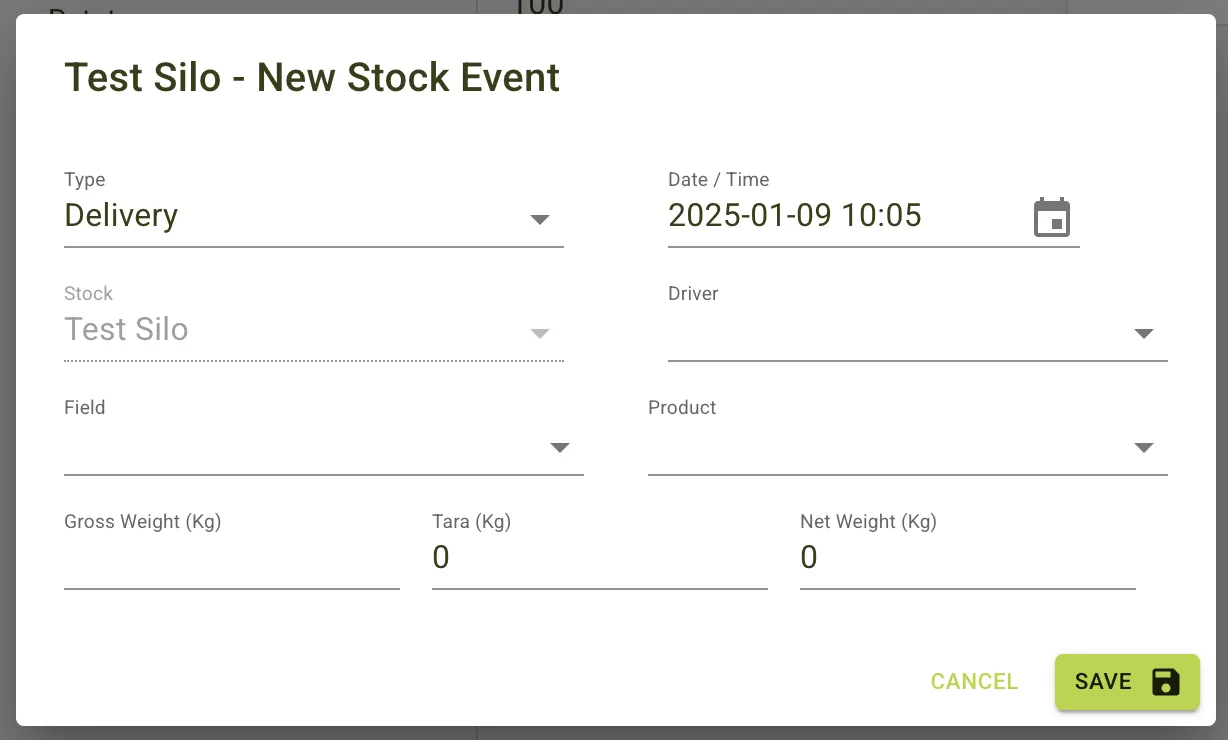 Menu stock event
form