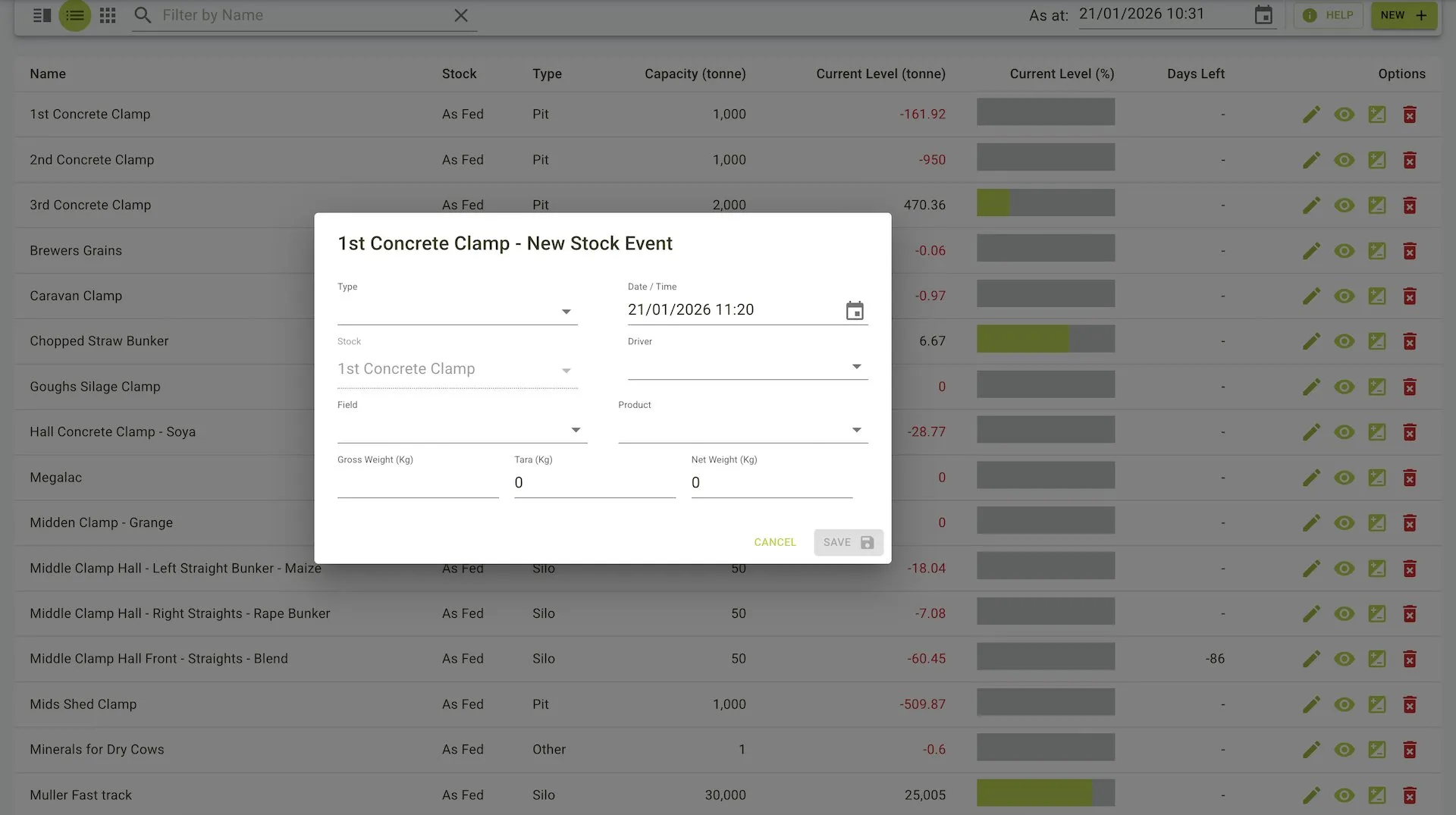 List stock event form