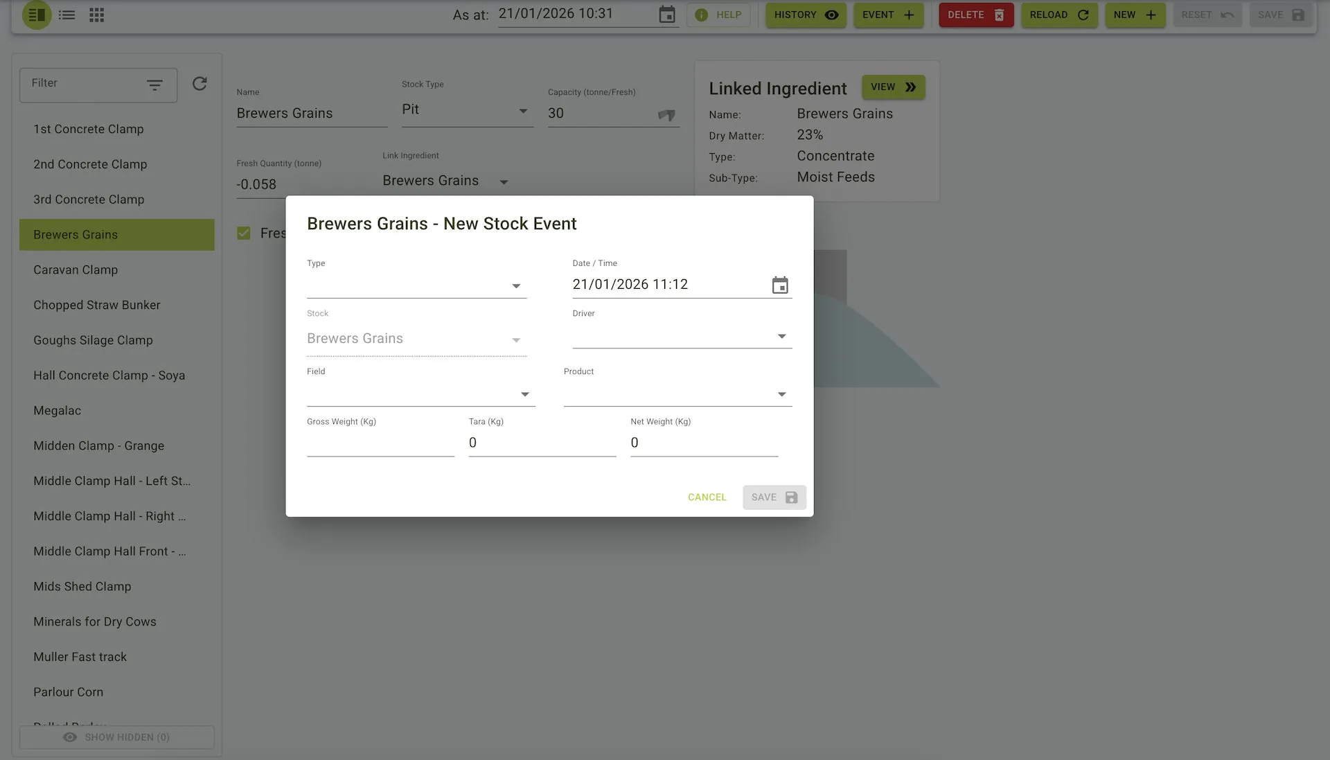 Menu stock event form