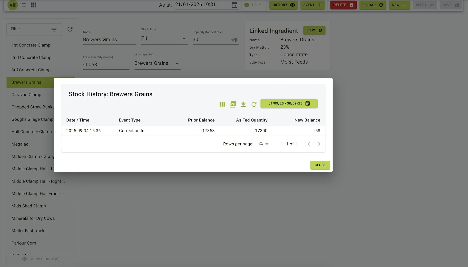 Menu stock history