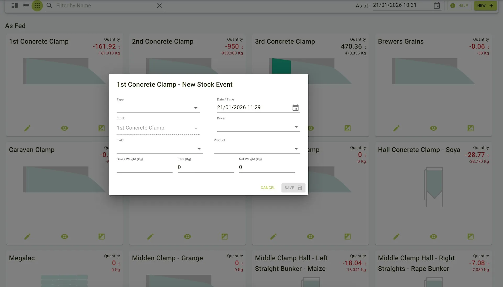 Tile stock event form